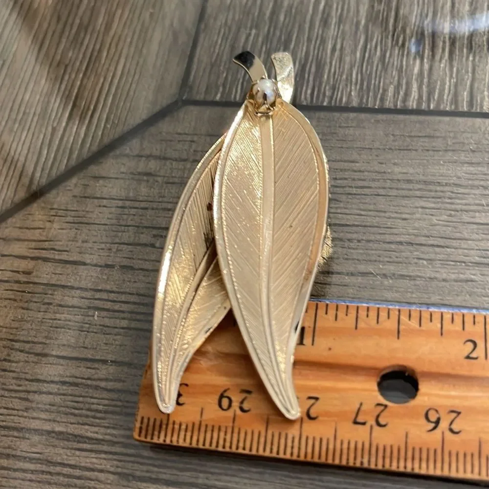 Vintage Double Leaf Gold-tone Pin with Faux Pearl Accent